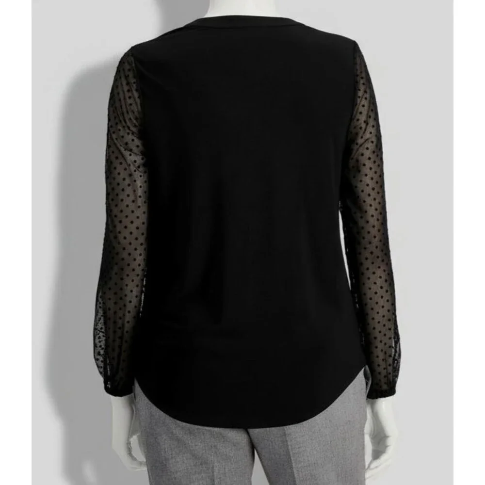 Kasper Women's Black Clip-Dot Sheer-Sleeve Split-Neck Blouse Top Size L - Picture 2 of 2